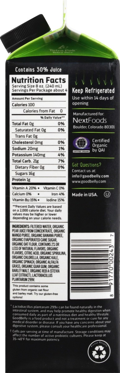 slide 8 of 12, Goodbelly Tropical Green Probiotic Fruit Drink - 32 fl oz, 32 fl oz