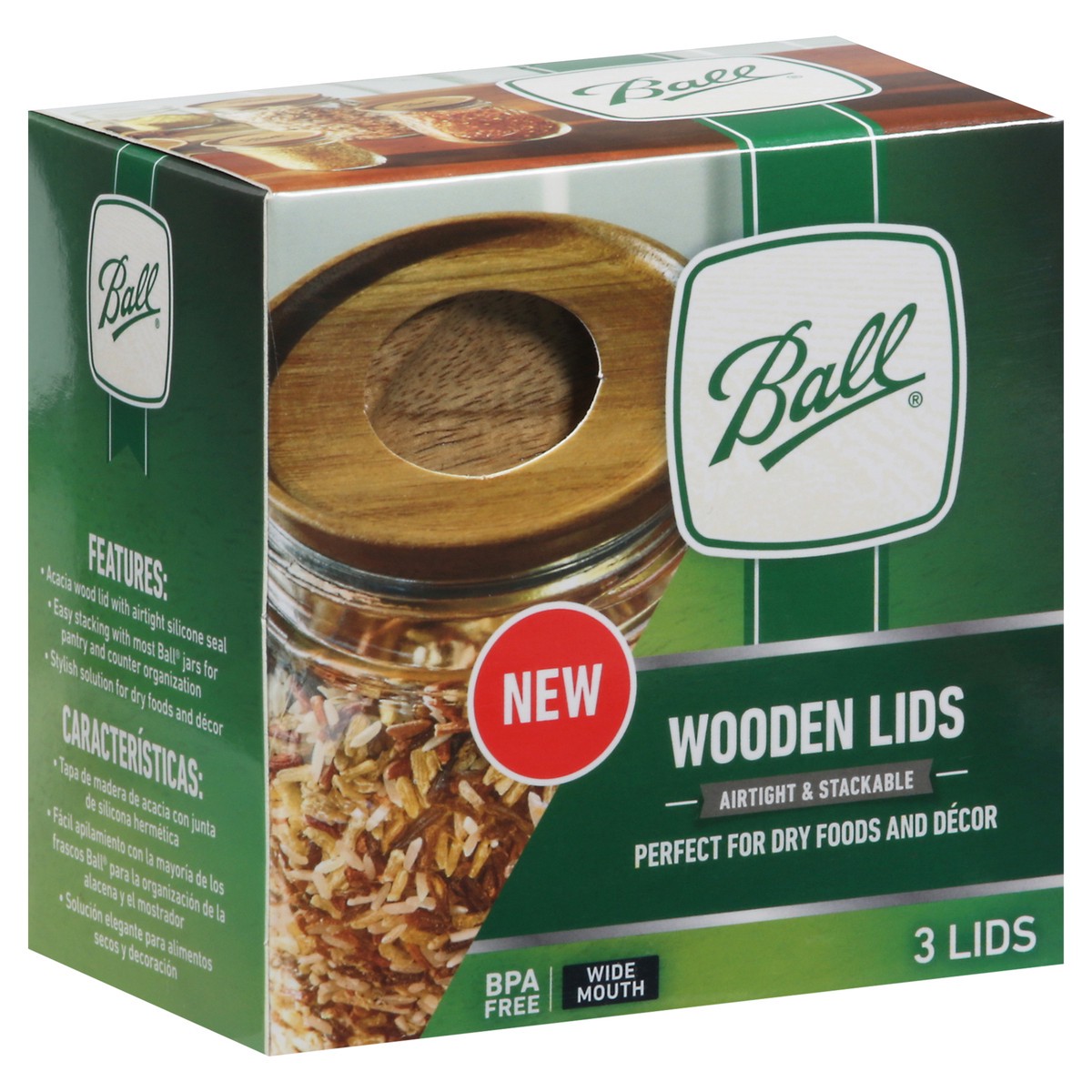 slide 9 of 9, Ball Wide Mouth Wooden Lids 3 ea, 3 ct