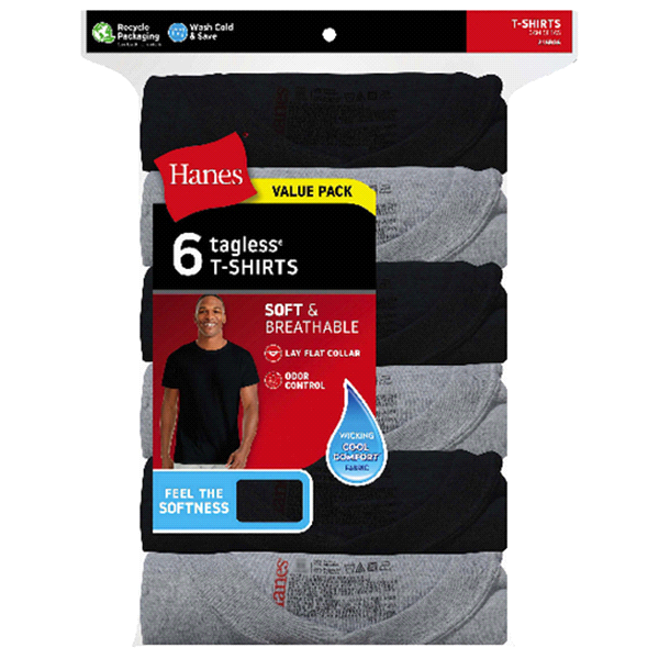 slide 1 of 1, Hanes Men's Crew Neck T-Shirts, Assorted Colors, Large, 6 ct