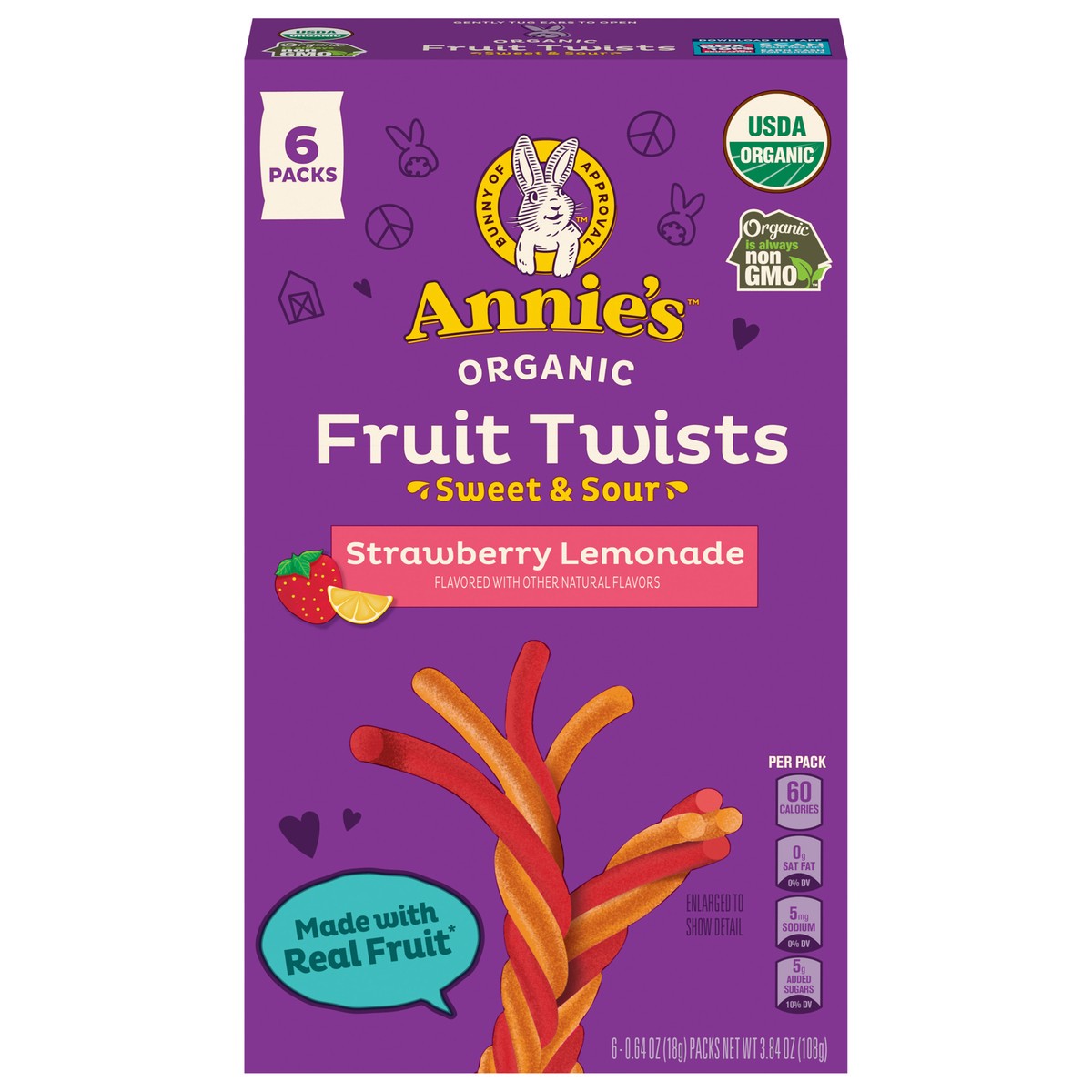 slide 1 of 15, Annie's Organic Sweet and Sour Strawberry Lemonade Fruit Twists 6 Count, 3.84 OZ, 6 ct