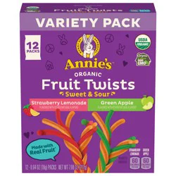 Annie's Organic Sweet and Sour Strawberry Lemon and Green Apple Fruit Twists Variety Pack 12 Count