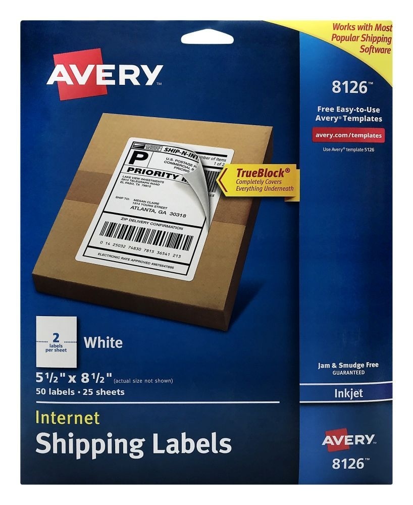 slide 1 of 1, Avery 08126, Shipping Labels with Ultrahold & TrueBlock, Inkjet, 5 1/2 x 8 1/2, White, 50 ct