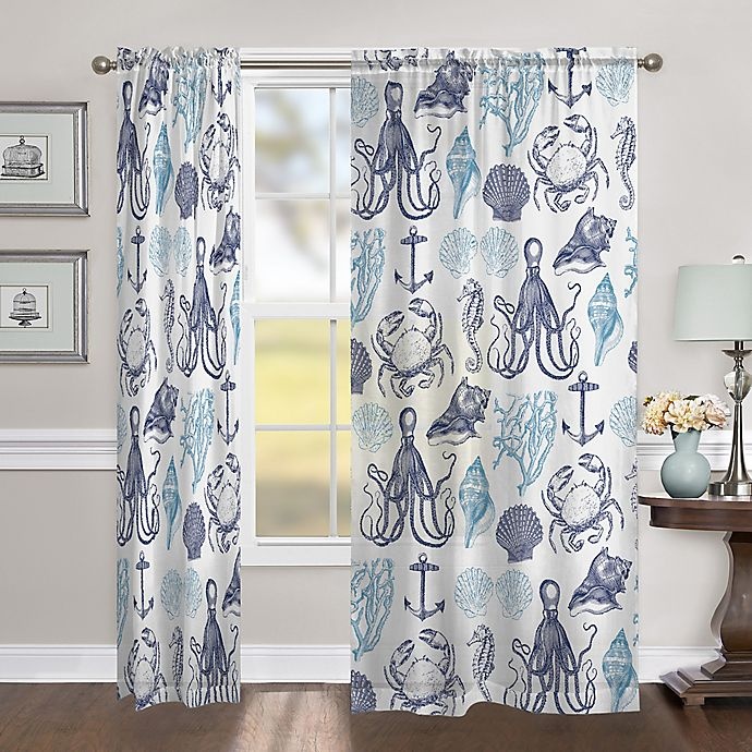 slide 1 of 1, Laural Home Navy Coastal Creatures Sheer Rod Pocket Window Curtain Panel, 84 in