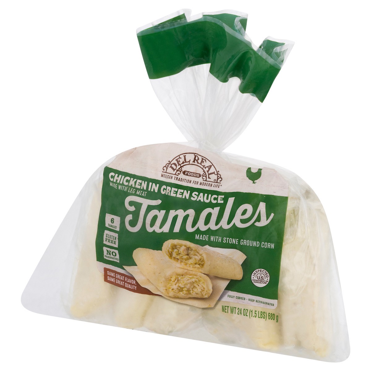 slide 5 of 9, Del Real Foods Chicken In Green Sauce Tamales 6 24 oz 6 ea Bag, 6 ct