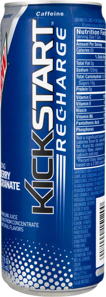 slide 3 of 7, Mountain Dew Kickstart Recharge Sparkling Juice Beverage Energizing Blueberry Pomegranate Flavored 12 Fl Oz Can, 12 oz