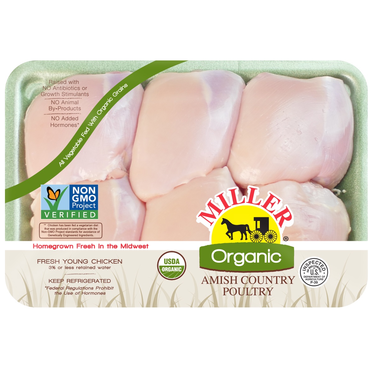 slide 1 of 1, Miller Organic Boneless Skinless Chicken Thighs, per lb