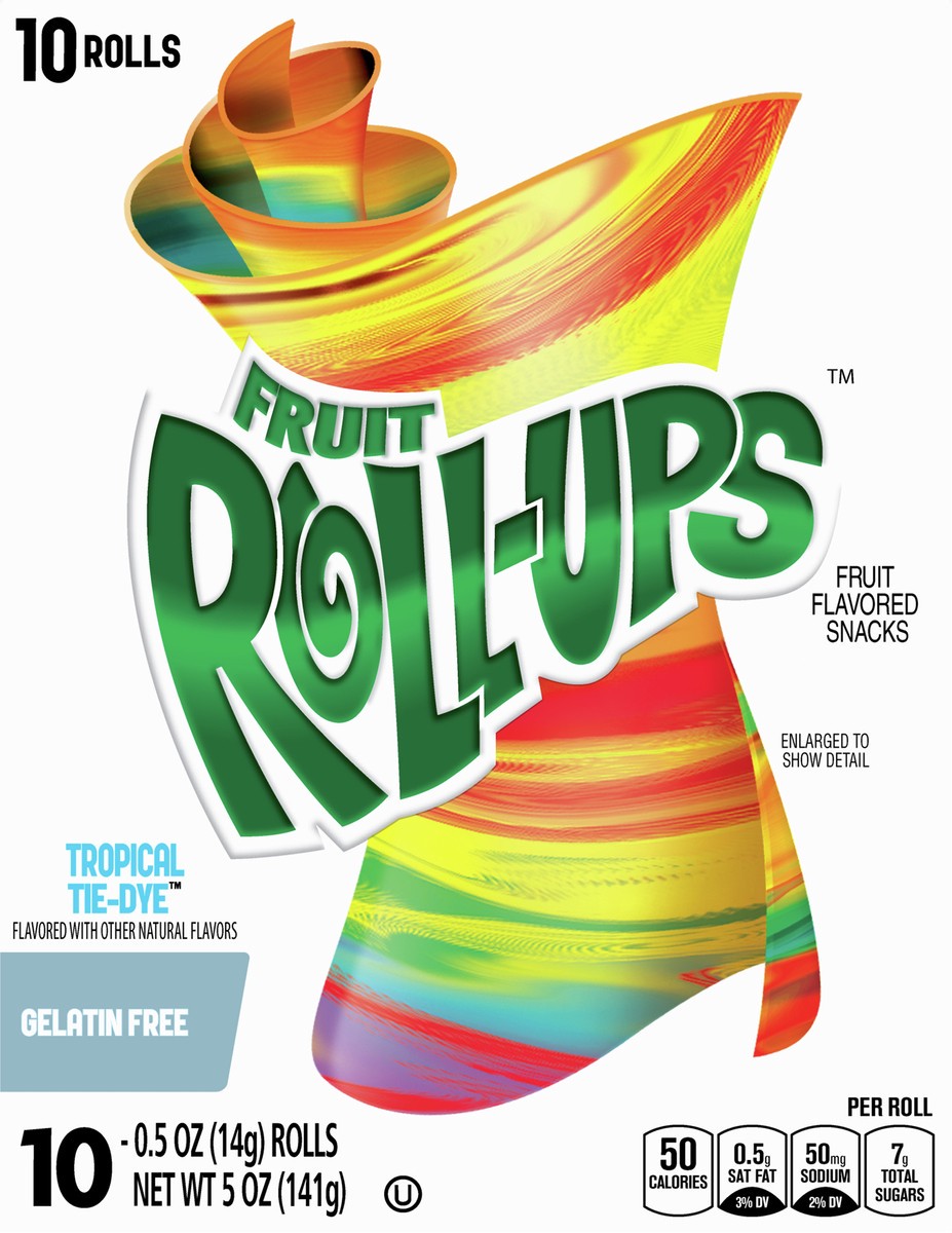 slide 9 of 9, Betty Crocker Fruit Roll-Ups Tropical Tie-Dye Fruit Flavored Snacks, 0.5 Oz, 10 Count, 10 ct