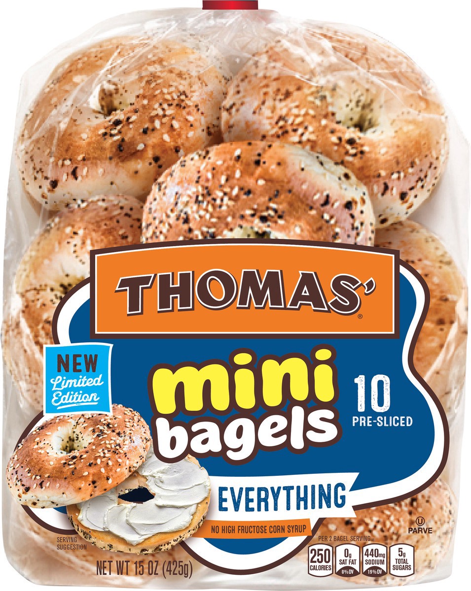 slide 6 of 7, Thomas' Everything Pre-sliced Mini Bagels, 10 count, 15 oz, 10 ct