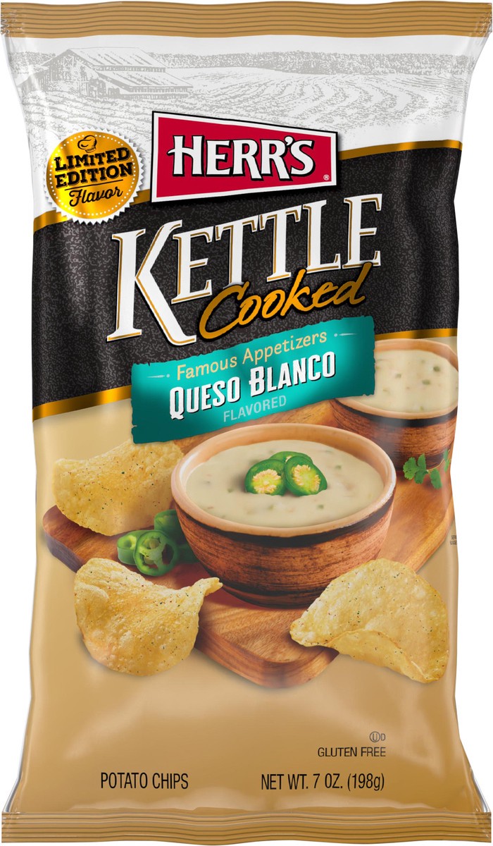 slide 2 of 7, Herr's Famous Appetizers Kettle Cooked Queso Blanco Flavored Potato Chips 7 oz, 7 oz
