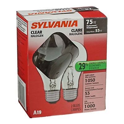 slide 1 of 1, Sylvania A19 75 Watt Halogen Clear Bulbs, 2 ct