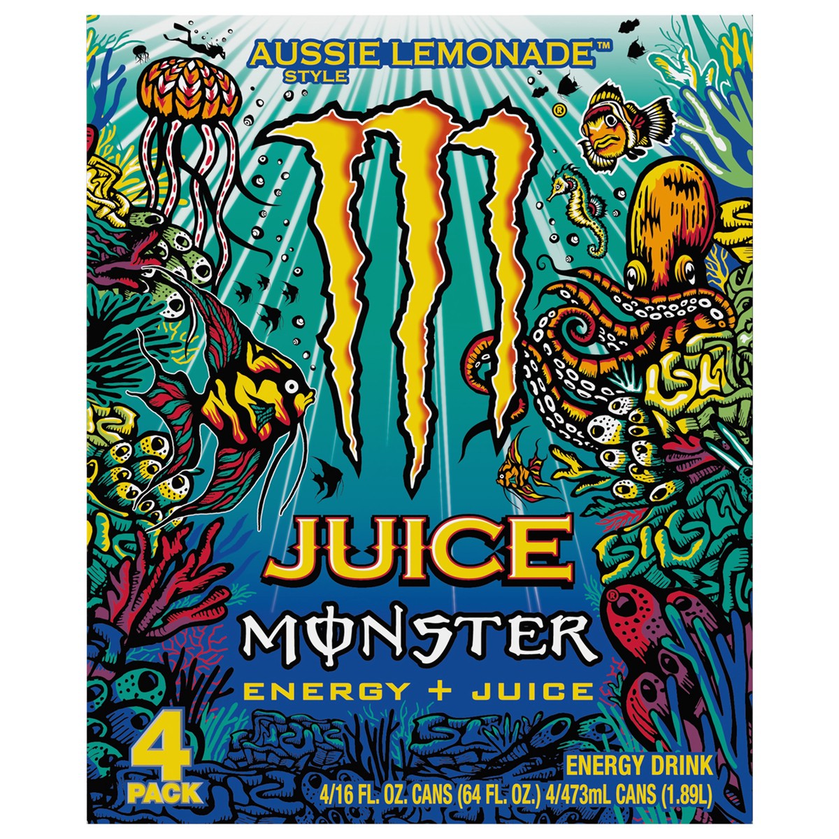 slide 1 of 4, Juice Monster Energy + Juice Aussie Lemonade Style Energy Drink 4 - 16 fl oz Cans, 4 ct