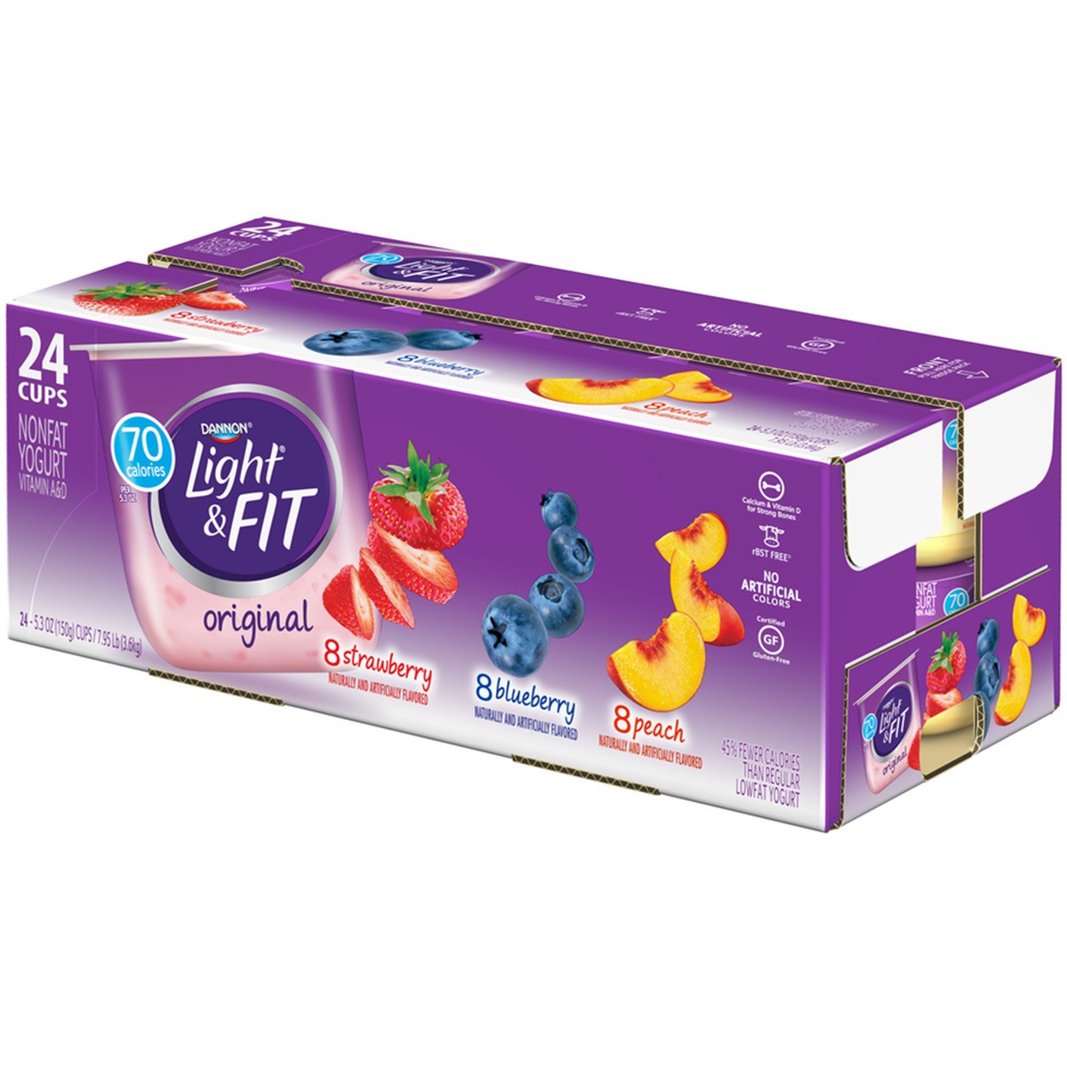 slide 8 of 8, Light + Fit Dannon Light + Fit Regular Nonfat Yogurt, Variety Pack, Strawberry/Blueberry/Peach, Gluten-Free, 5.3 oz., 24 Pack, 5.3 oz