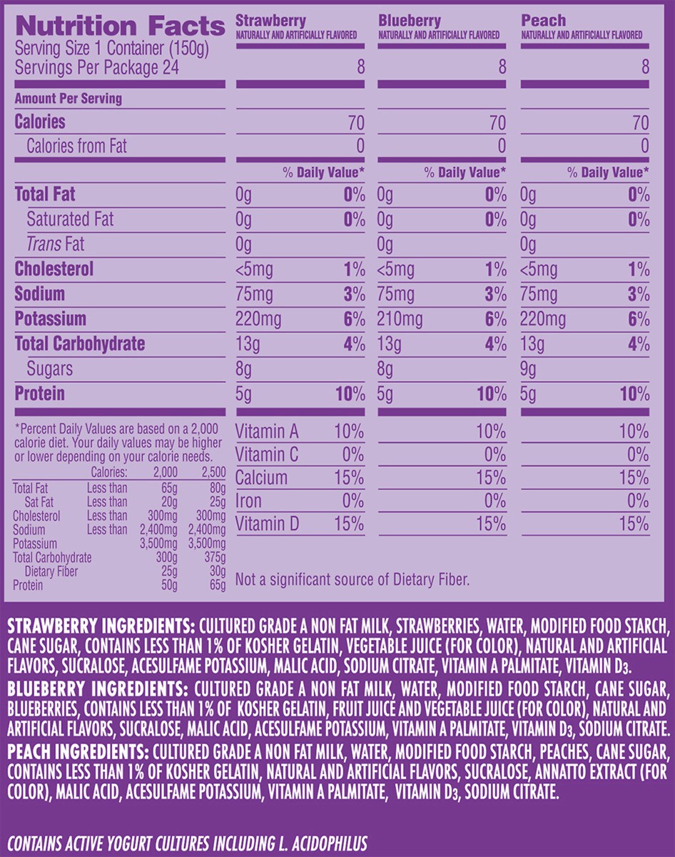 slide 4 of 8, Light + Fit Dannon Light + Fit Regular Nonfat Yogurt, Variety Pack, Strawberry/Blueberry/Peach, Gluten-Free, 5.3 oz., 24 Pack, 5.3 oz