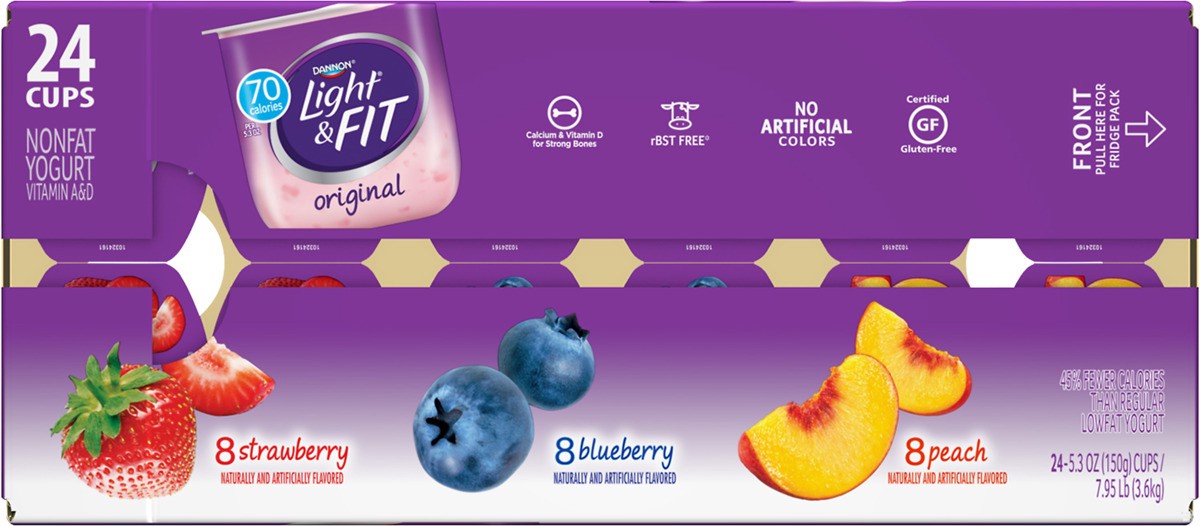 slide 5 of 8, Light + Fit Dannon Light + Fit Regular Nonfat Yogurt, Variety Pack, Strawberry/Blueberry/Peach, Gluten-Free, 5.3 oz., 24 Pack, 5.3 oz