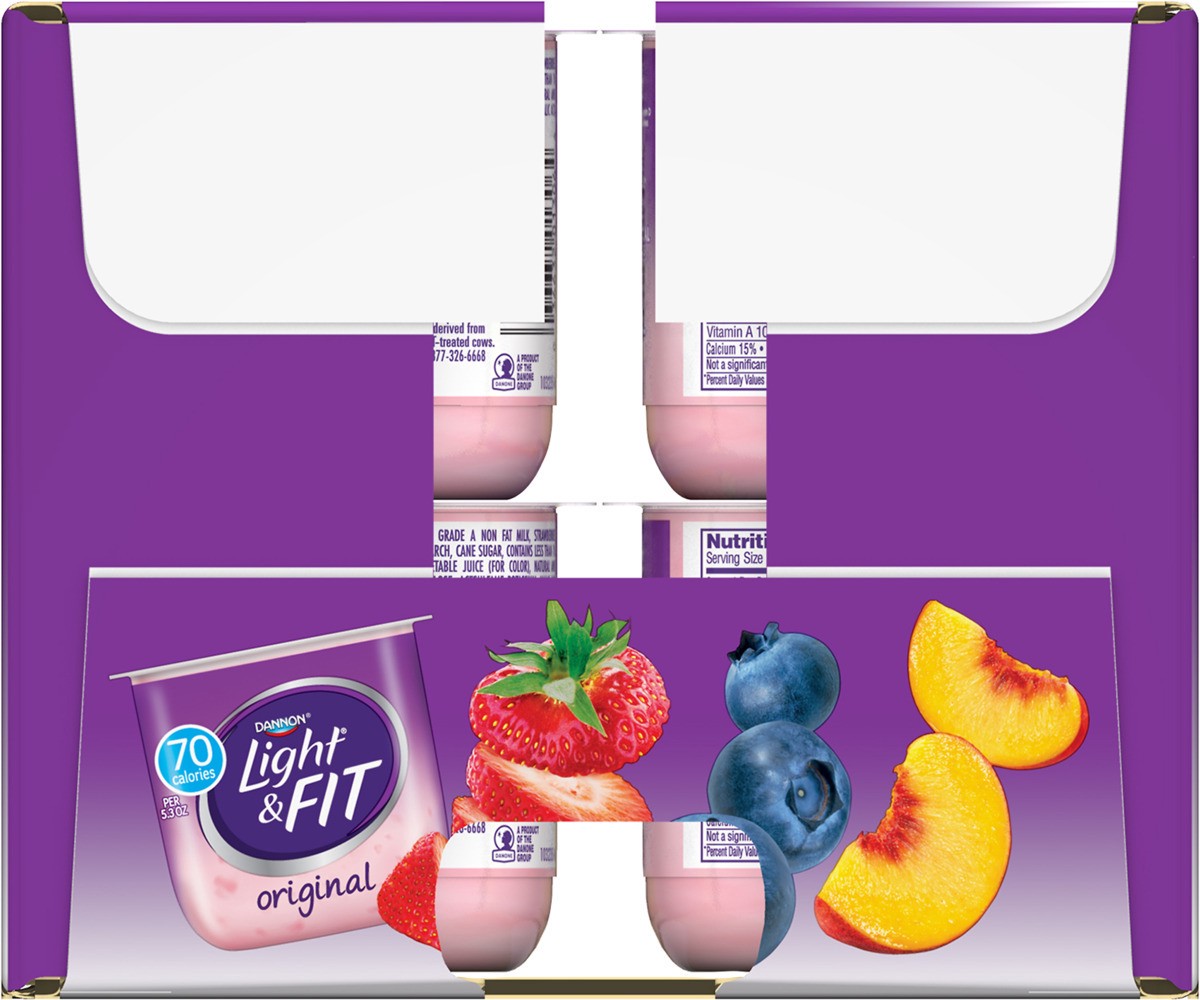 slide 2 of 8, Light + Fit Dannon Light + Fit Regular Nonfat Yogurt, Variety Pack, Strawberry/Blueberry/Peach, Gluten-Free, 5.3 oz., 24 Pack, 5.3 oz