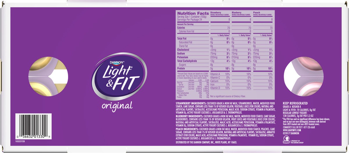 slide 7 of 8, Light + Fit Dannon Light + Fit Regular Nonfat Yogurt, Variety Pack, Strawberry/Blueberry/Peach, Gluten-Free, 5.3 oz., 24 Pack, 5.3 oz