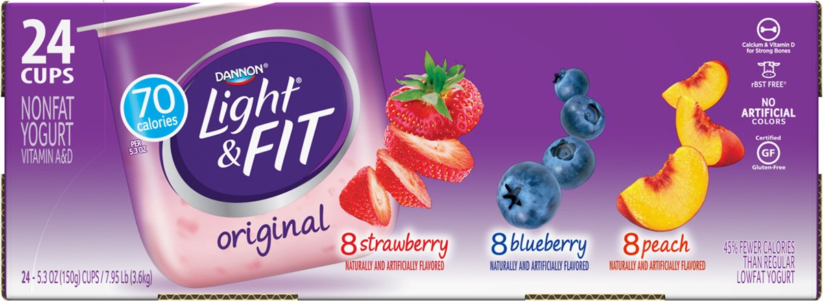 slide 6 of 8, Light + Fit Dannon Light + Fit Regular Nonfat Yogurt, Variety Pack, Strawberry/Blueberry/Peach, Gluten-Free, 5.3 oz., 24 Pack, 5.3 oz