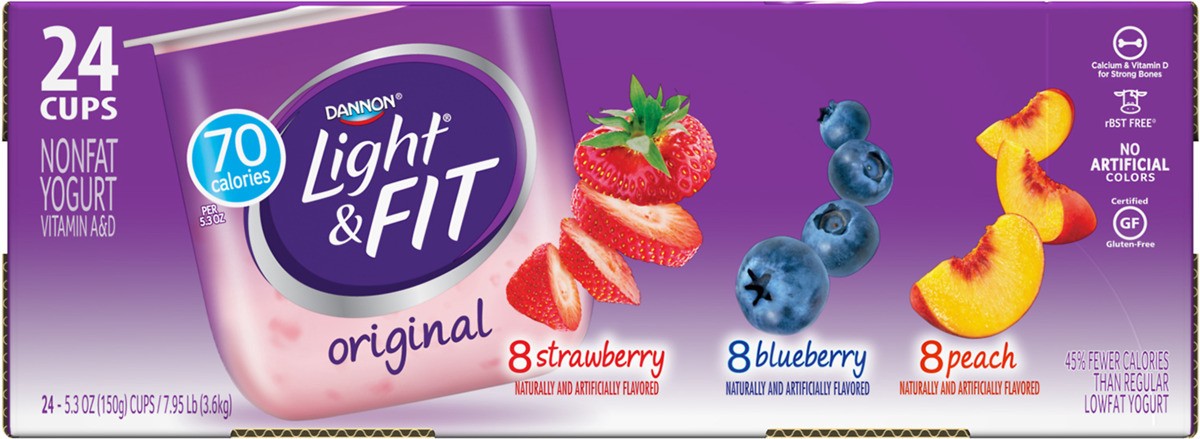 slide 3 of 8, Light + Fit Dannon Light + Fit Regular Nonfat Yogurt, Variety Pack, Strawberry/Blueberry/Peach, Gluten-Free, 5.3 oz., 24 Pack, 5.3 oz