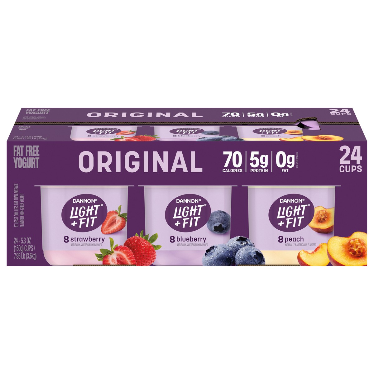 slide 1 of 8, Light + Fit Dannon Light + Fit Regular Nonfat Yogurt, Variety Pack, Strawberry/Blueberry/Peach, Gluten-Free, 5.3 oz., 24 Pack, 5.3 oz