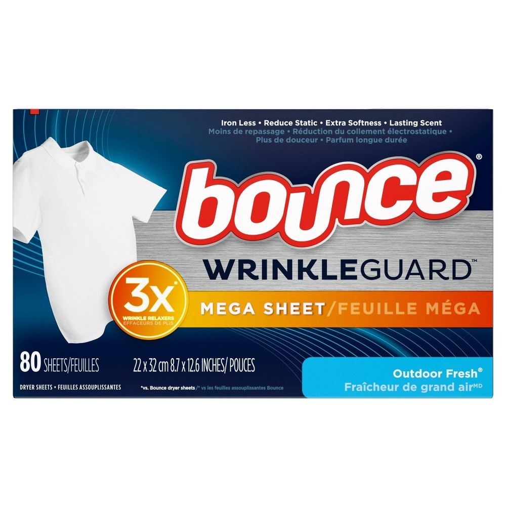 slide 2 of 3, Bounce WrinkleGuard Mega Dryer Sheet Fabric Softener and Wrinkle Releaser Sheets - Outdoor Fresh Scent, 80 ct