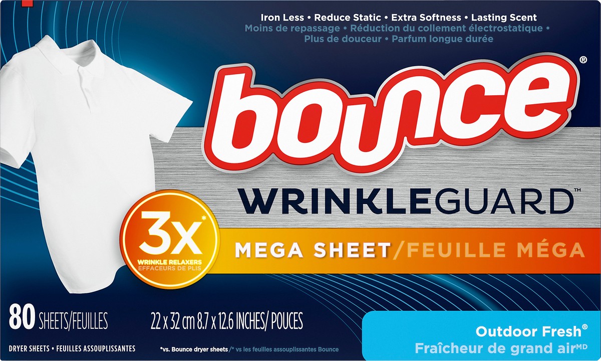 slide 2 of 2, Bounce WrinkleGuard Mega Dryer Sheet Fabric Softener and Wrinkle Releaser Sheets - Outdoor Fresh Scent, 80 ct