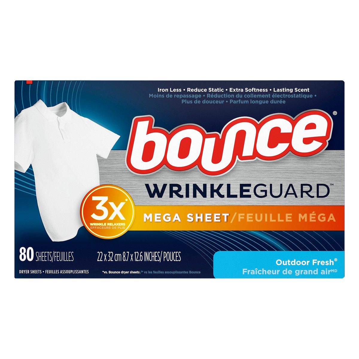 slide 1 of 2, Bounce WrinkleGuard Mega Dryer Sheet Fabric Softener and Wrinkle Releaser Sheets - Outdoor Fresh Scent, 80 ct