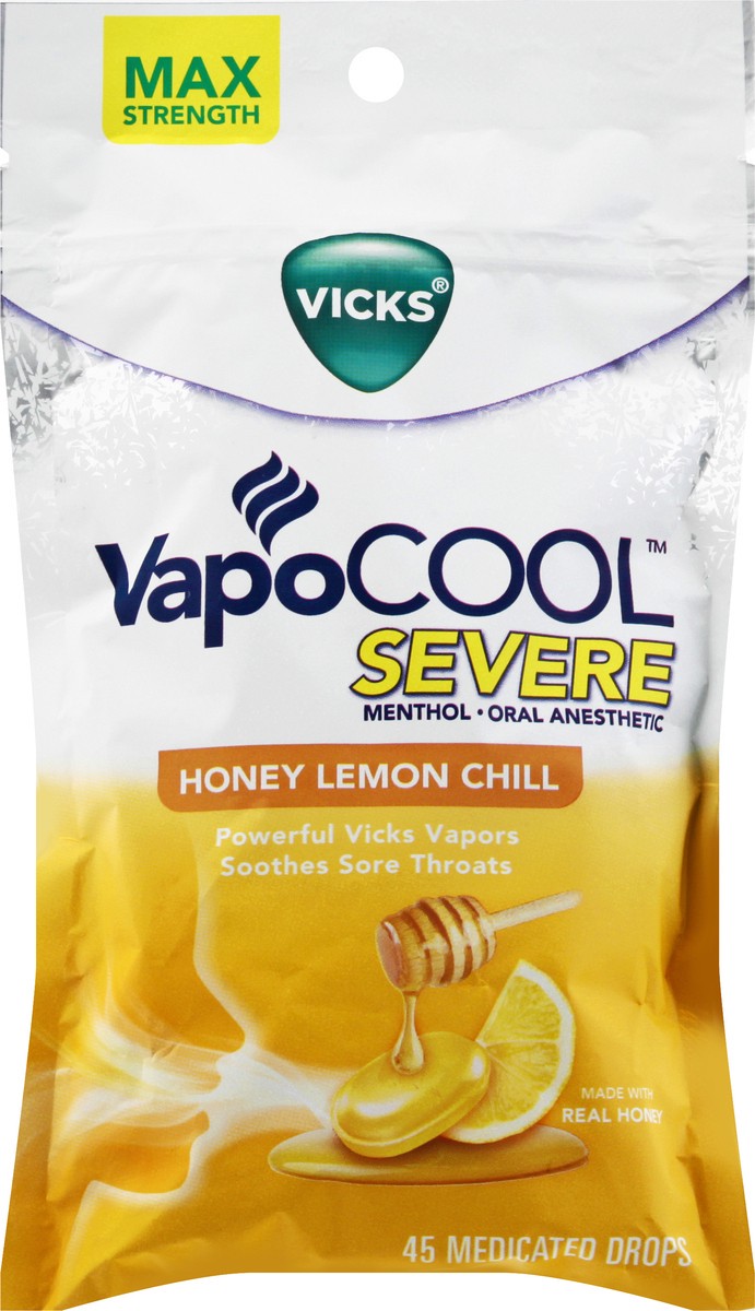 slide 1 of 1, Vicks VapoCool Max Strength Severe Honey Lemon Chill Medicated Drops 45 ea, 45 ct