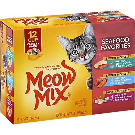 slide 1 of 1, Meow Mix Savory Morsels Cat Food Cups Seafood Favorites Variety Pack, 12 ct; 2.75 oz