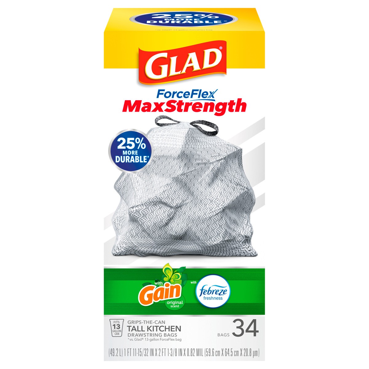 slide 1 of 7, Glad ForceFlex Plus 13 Gallon Drawstring Tall Gain Original Scent Kitchen Bags 34 ea, 34 ct