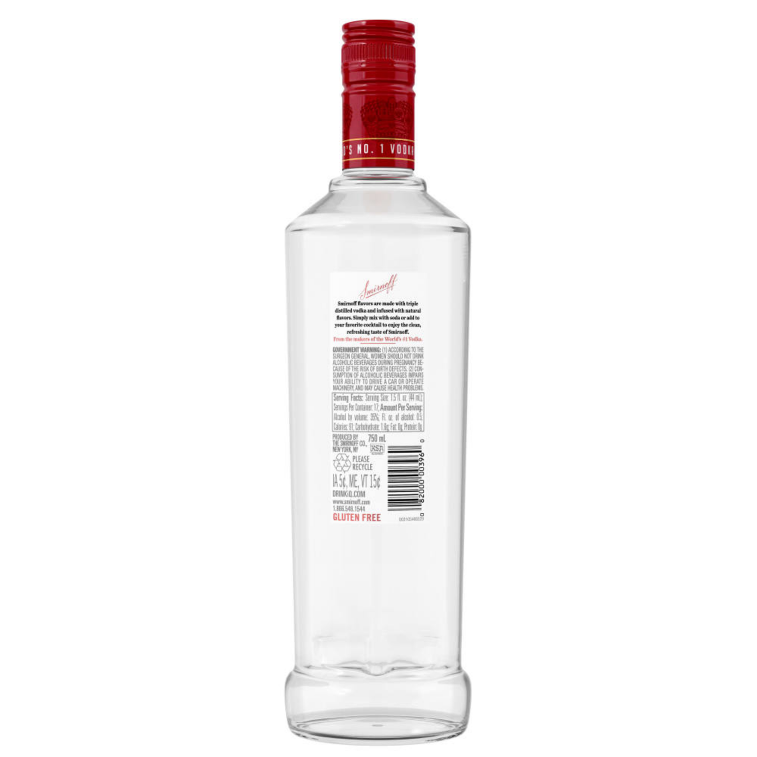 slide 4 of 6, Smirnoff Raspberry (Vodka Infused With Natural Flavors), 750 mL Glass Bottle, 750 ml