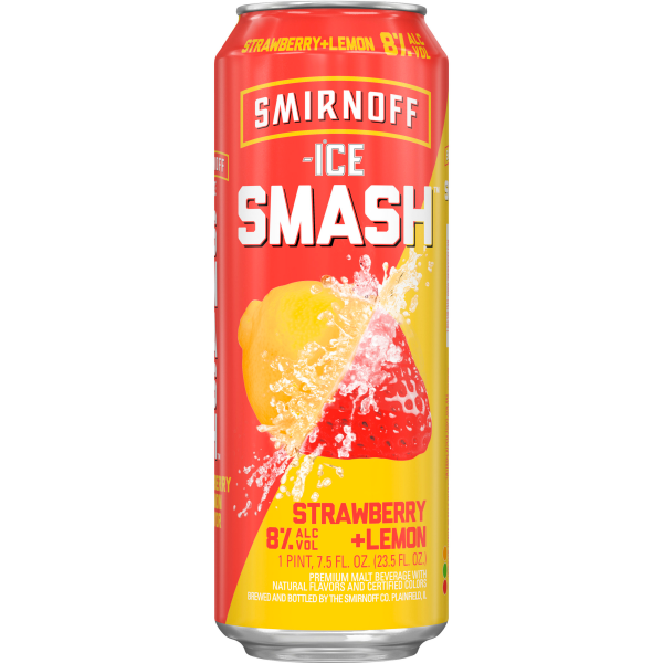 slide 10 of 17, Smirnoff Ice Smash Strawberry Lemon, 23.5 fl oz, Single Serve Can, 8% ABV, 23.50 fl oz