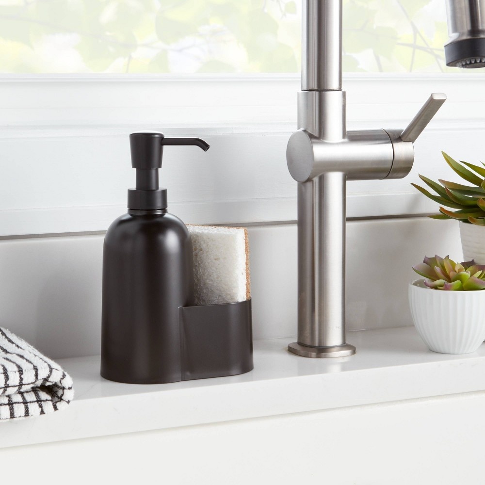 slide 3 of 4, Plastic Soap Dispenser with Sponge Holder Black - Room Essentials, 1 ct