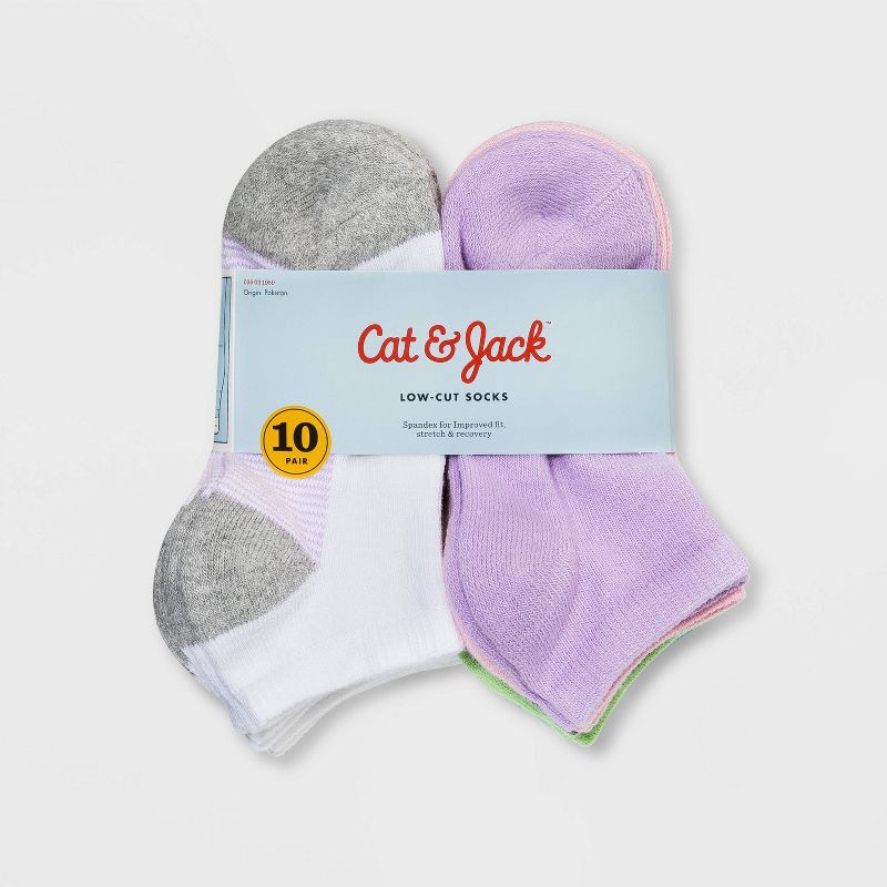 slide 2 of 2, Girls' 10pk Striped Low Cut Socks - Cat & Jack™ L, 10 ct