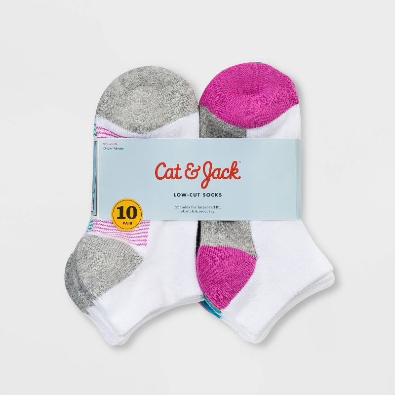 slide 2 of 2, Girls' 10pk Striped Low Cut Knitted Socks - Cat & Jack™ White S, 10 ct