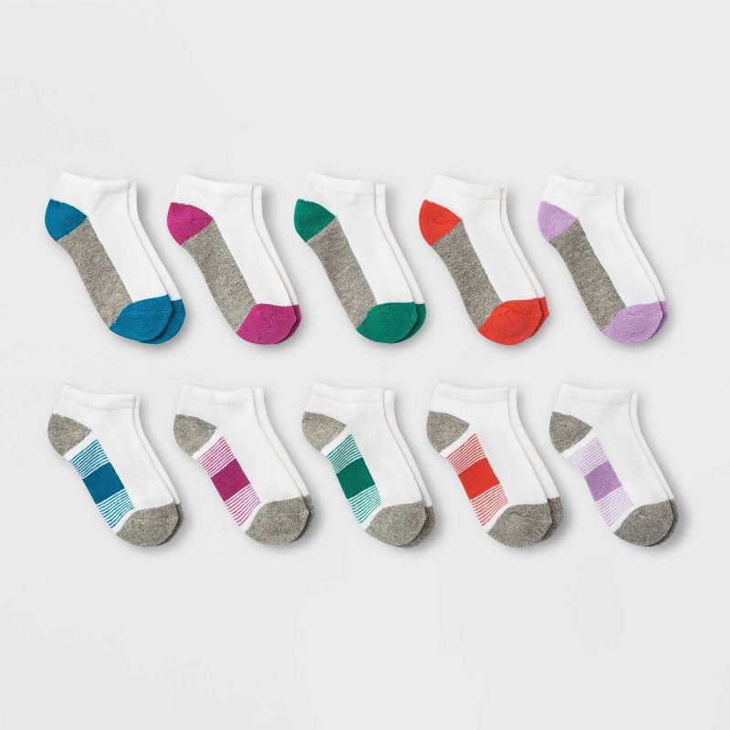 slide 1 of 2, Girls' 10pk Striped Low Cut Knitted Socks - Cat & Jack™ White S, 10 ct