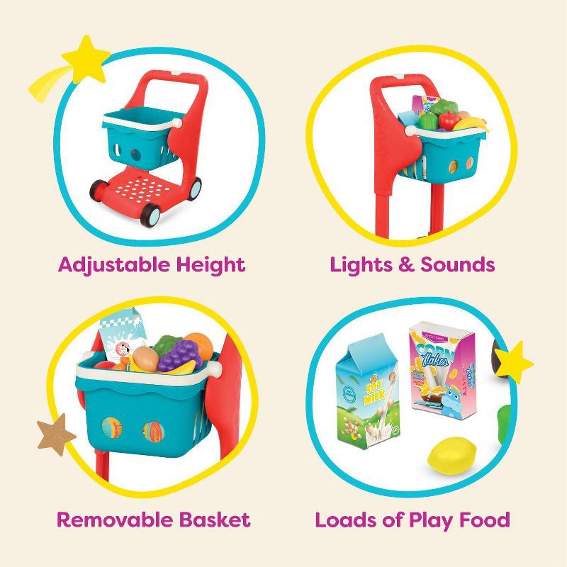 slide 4 of 6, B. toys - Shopping Cart & Play Food - Shop & Glow Toy Cart, 1 ct