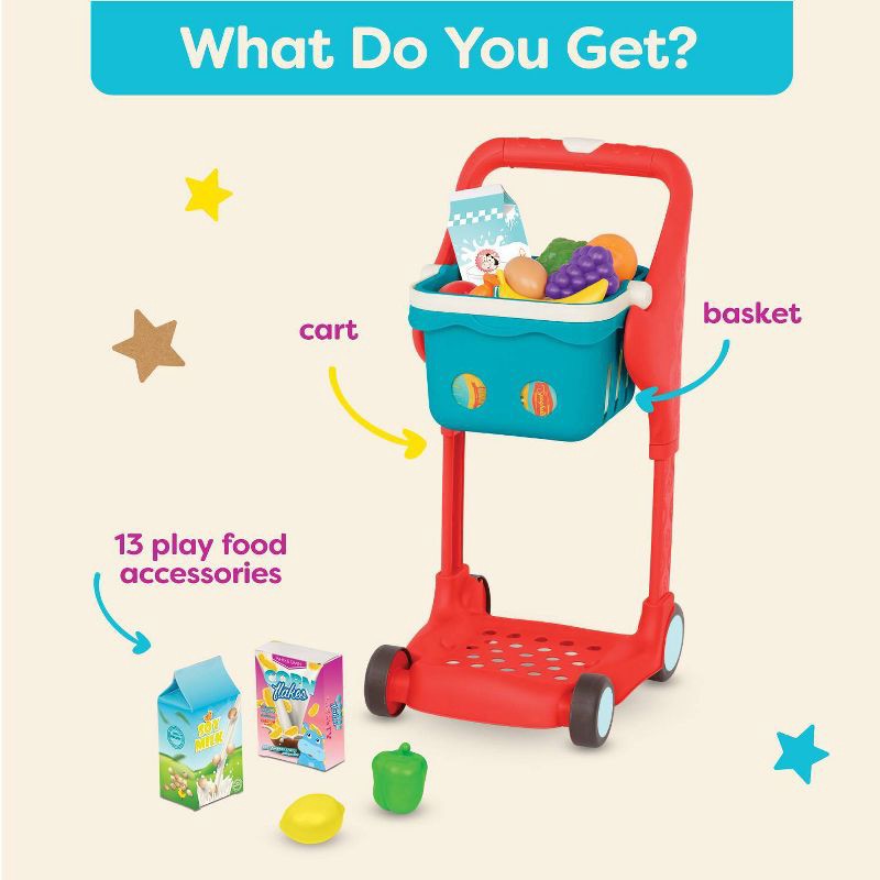 slide 5 of 6, B. toys - Shopping Cart & Play Food - Shop & Glow Toy Cart, 1 ct