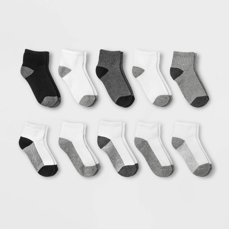 slide 1 of 2, Boys' 10pk Ankle Socks - Cat & Jack™ White/Gray/Black M: Stripe Pattern, Flat Seams, 10 ct