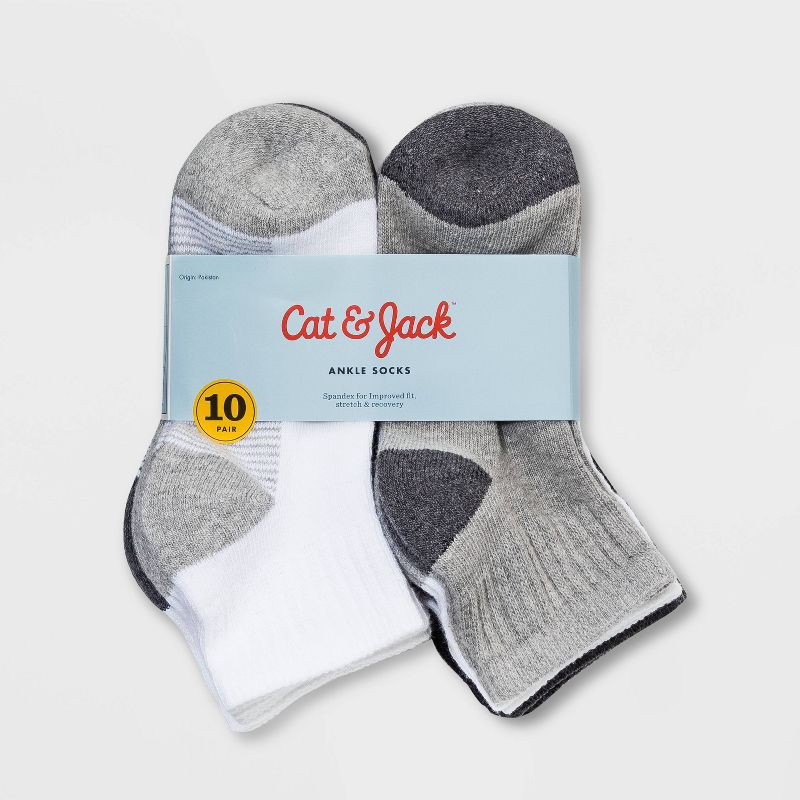 slide 2 of 2, Boys' 10pk Ankle Socks - Cat & Jack™ White/Gray/Black L, 10 ct