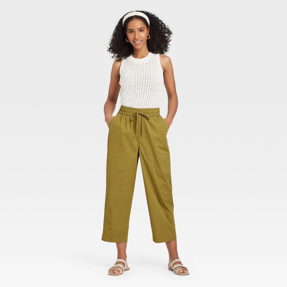 slide 3 of 3, Women's High-Rise Relaxed Fit Pull-On Ankle Pants - A New Day Olive Green XS, 1 ct