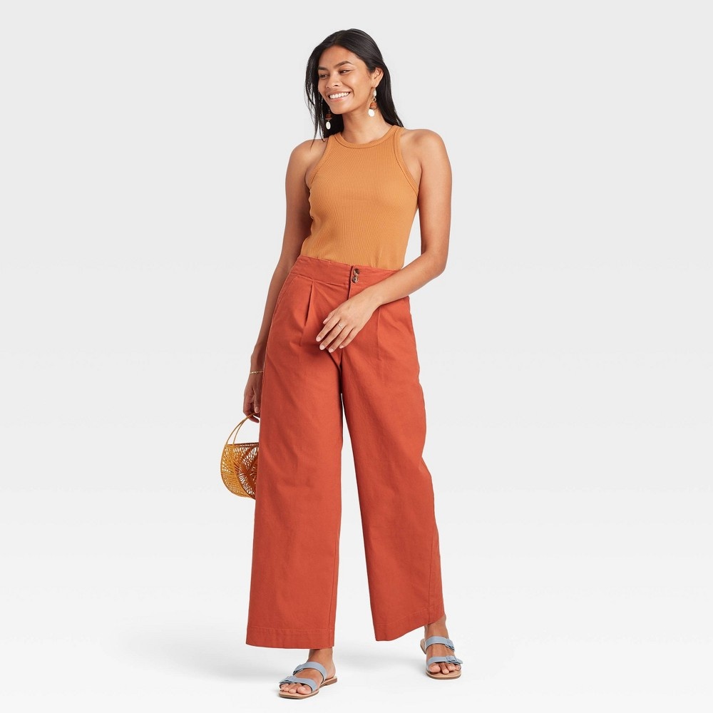 slide 3 of 3, Women's High-Rise Pleat Front Wide Leg Trousers - A New Day Orange 16, 1 ct
