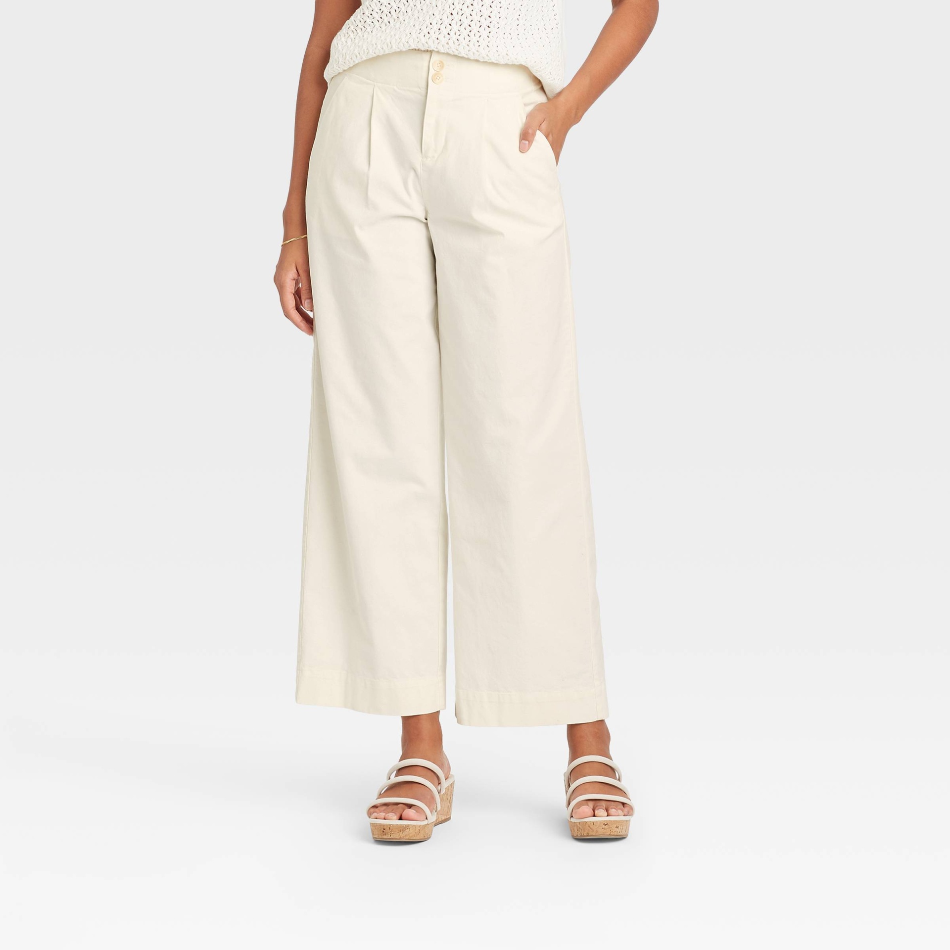 slide 1 of 3, Women's High-Rise Pleat Front Wide Leg Trousers - A New Day Cream 16, 1 ct