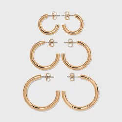 Pipe Hoop Earring Trio Set 3pc - A New Day™ Gold: Nickel-Free Metal, Post Closure, 0.7" Width, Lightweight Design