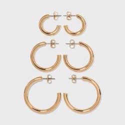 Pipe Hoop Earring Trio Set 3pc - A New Day™ Gold: Nickel-Free Metal, Post Closure, 0.7" Width, Lightweight Design