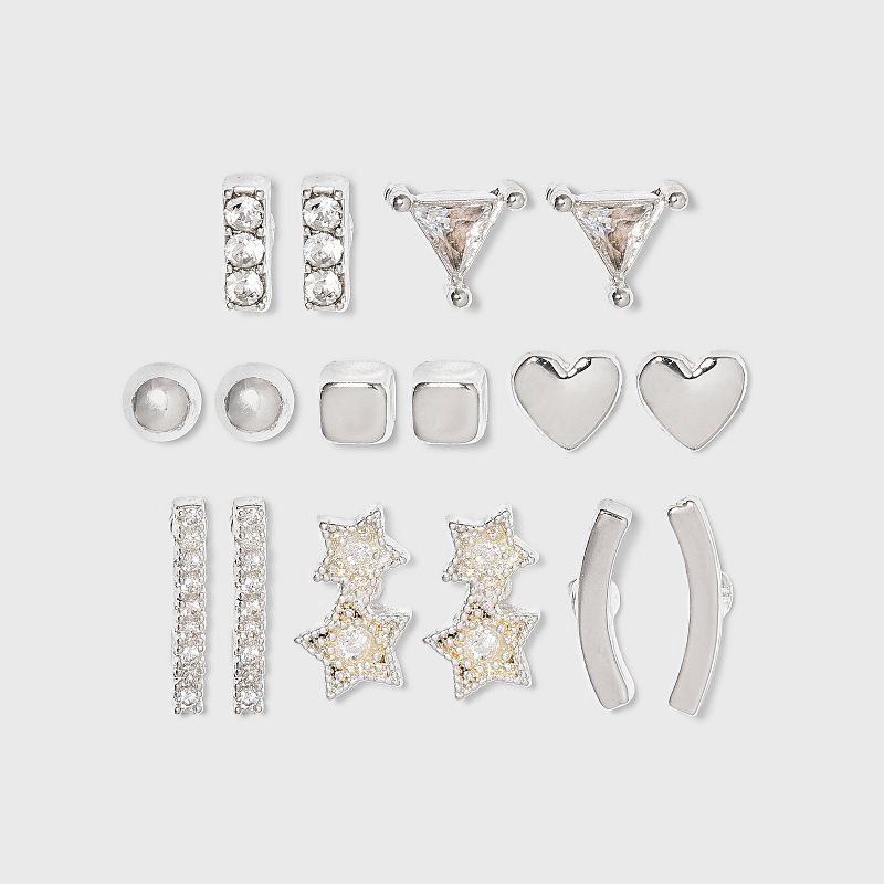 slide 1 of 2, Crystal Star and Heart Stud Earring Set 8pc - A New Day™ Silver, 8 ct