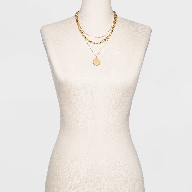 slide 2 of 3, Disc Charm and Chain Layered Necklace - Universal Thread™ Gold, 1 ct
