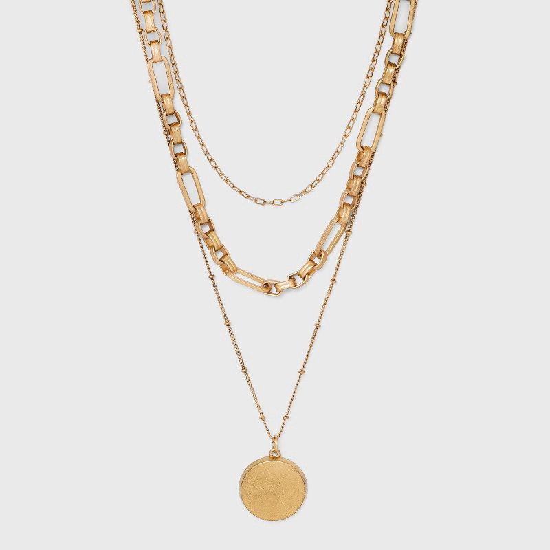 slide 1 of 3, Disc Charm and Chain Layered Necklace - Universal Thread™ Gold, 1 ct