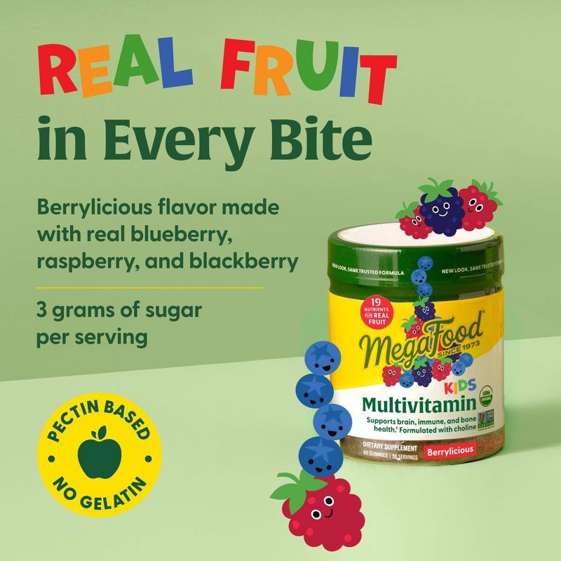 slide 6 of 8, MegaFood Kids' Multivitamin, Vitamin C, Vitamin D & Choline, Vegetarian Gummies - 60ct, 60 ct