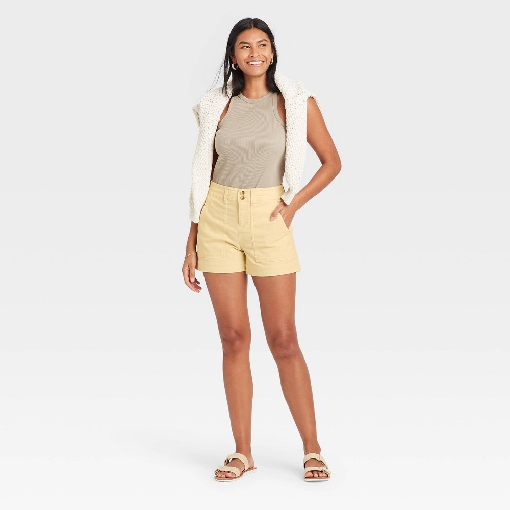 slide 3 of 3, Women's High-Rise Utility Pocket Shorts - A New Day Light Yellow 10, 1 ct