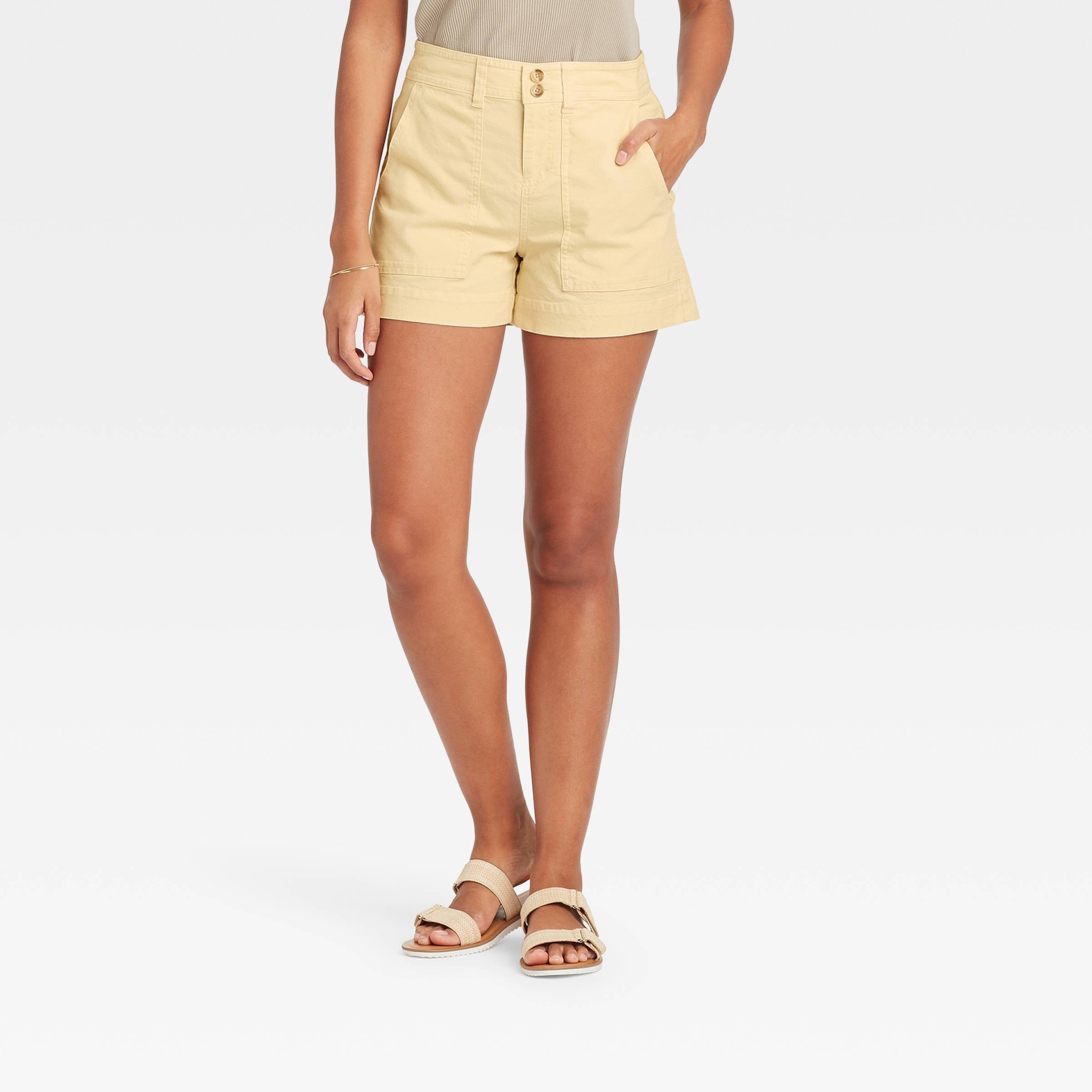 slide 1 of 3, Women's High-Rise Utility Pocket Shorts - A New Day Light Yellow 10, 1 ct